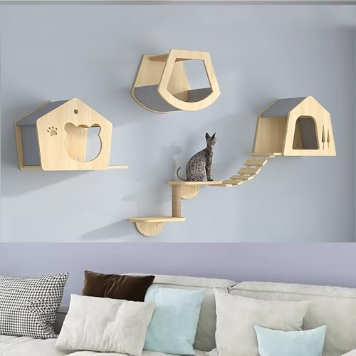 Pucaru Kletterwand Katzen, Holz, Katzenregale für Die Wand, DIY-Katzen-Wandspielplatz, Moderne Katzenmöbel(5pcs)