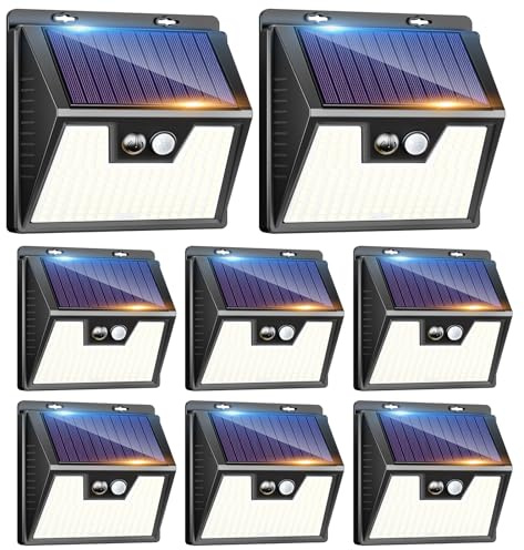 kolpop Luce Solare LED Esterno【8 Pezzi / 3 Modos】 Faretti Solari a Led da Esterno con Sensore di Movimento, Luci Solari Esterno IP65 Impermeabile Lampada Solare da Esterno per Giardino Garage Patio