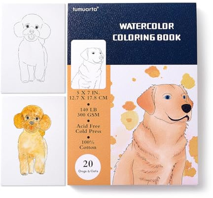 tumuarta Watercolor Coloring Book, 20 Unique Designs, 5x7”, 100% Cotton, 300GSM, 140 LB, Cold Press, Acid Free Watercolor Paper, Glue Bound Mixed Media Sketch Book (Dogs & Cats)