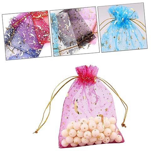 BEBEMOKO 100 Stück Organzasäckchen mit Stern Mond Kordelzug Geschenktüten für Süßigkeiten Schmuck und Kleine Zufällige Farben