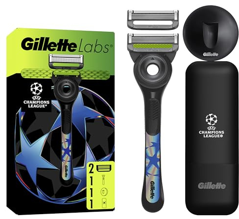 Gillette Labs mit Reinigungselement UEFA Champions League Special Edition, Rasierer für Männer,1 Handstück 2 Ersatzklingen, beinhaltet Reiseetui und Wandhalterung