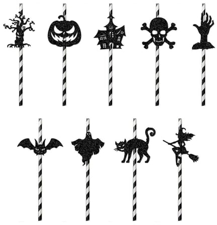 9 Pcs Halloween Paper Straws - Eco-Friendly and Biodegradable, Ghost, Pumpkin, Stripe Patterns, Festive Drink Accessories for Halloween Cocktails, Party Supplies and Decorations
