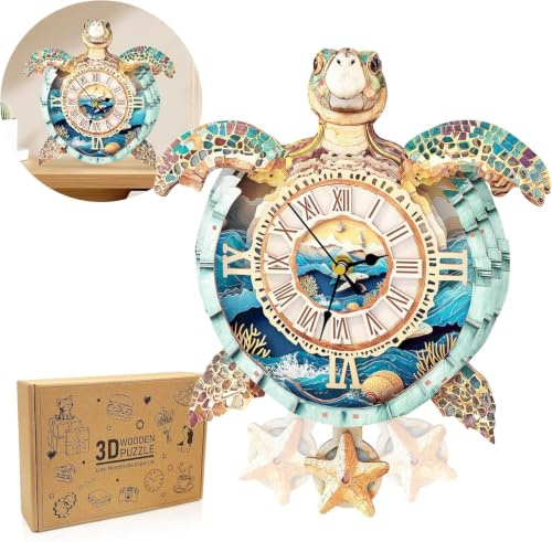 Cutywood 3D-Puzzles für Erwachsene, Schildkrötenuhr mit funktionaler Uhr, 3D-Holzpuzzle (26,2 x 30,5 cm), 3D-Puzzle, Schreibtisch/Wanddekoration, Geschenke für Freunde/Familienspielabend