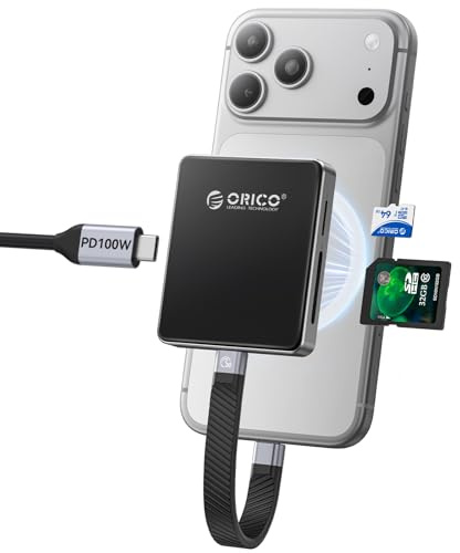 ORICO Magnetischer Kartenleser & M.2 SSD-Gehäuse für iPhone 15/16/17 Pro - 5-in-1 TF/SD 3.0 mit NVMe 2230/2242, 10Gbps USB 3.2 Gen2, PD 100W - Diskless AP42F (Schwarz)