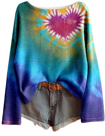 T-shirt à manches longues pour femme au look batik avec motif cœur - Haut large en maille côtelée - T-shirt coloré pour un look hippie et bohème, Style_e01 Bleu, XL