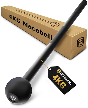 HQ Germany® Macebell 2-10kg [100% Stahl] - Steel Mace, Gada, Clubbell | Massiv verschweißt aus einem Stück, ±200g kalibriert, langlebige Pulverbeschichtung, genormte Maße, griffiges Knurling