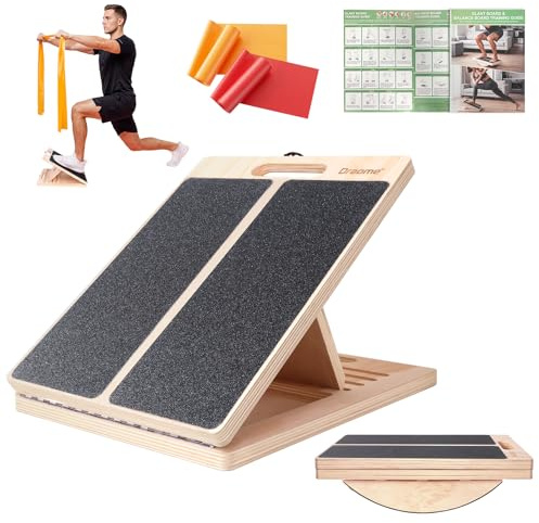 Draome 2 in 1 Planche Equilibre & Planche Inclinée, Réglable Bois Étirement du Mollet avec Poster D'entraînement et 2 TPE Bandes de Résistance pour Entraînement D'équilibre Étirement Musculaire