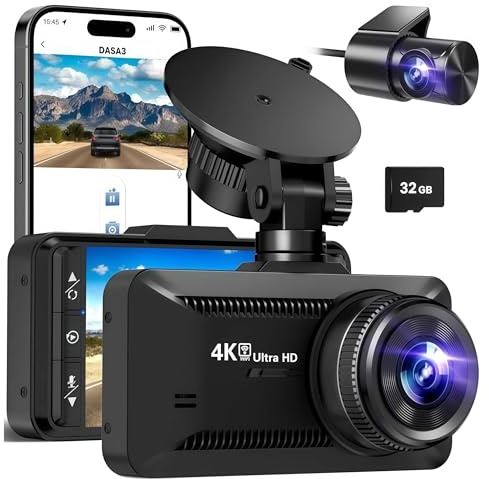 4K Dashcam mit 3,94 Bildschirm/Vorne & hinten/Autokamera mit 170° Weitwinkelansicht/Nachtsicht/Parküberwachung Vorne Und Hinten Mit Parküberwachung Für Unterwegs (Schwarz A,64G)