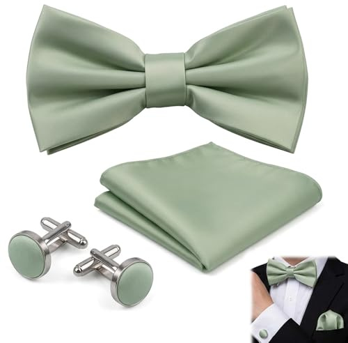 Yuwnd Fliege Salbeigrün, Fliege Grün mit Einstecktuch Grün Manschettenknöpfe Set, Klassische Elegantes Einfarbig Verstellbare Herren Fliegen Seidenfliege für Hochzeit Abendpartys