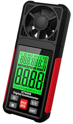 SIXRUN Anemometro Digitale, Misuratore di Portatile con LCD Retroilluminato 6 Unità Blocco Dati Max Min per Attività All'Aperto Volo Drone Test HVAC (HT605S Senza batteria)