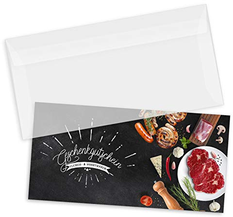 GESCHENKGUTSCHEINcom by POS-HAUER. Gutschein-Set. 50x Gutschein + Kuvert. Für Metzgergutschein Fleischerei Kunden, blanko zum selber Ausfüllen.