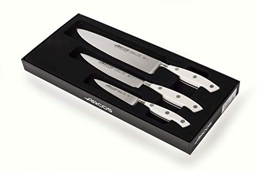 Arcos Riviera Blanc, Juego de Cuchillos de Cocina, Mondador + Santoku + Cuchillo de Chef, Acero Inoxidable Forjado Nitrum, Mango POM, Color Blanco