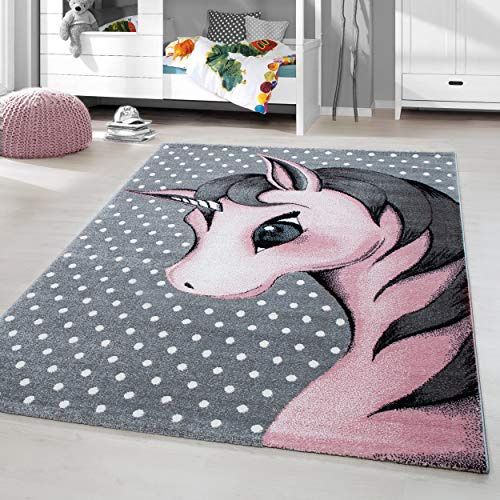 HomebyHome Kinderteppich Einhorn Design Rosa 120x170 cm Rechteckiger Spielteppich für Kinder Hautfreundlich & Zauberhaft