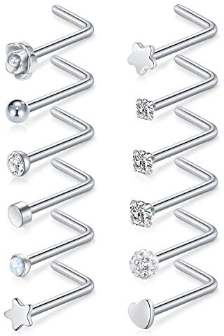 Funseedrr Silber Nasenpiercing Nasenstecker Spirale L Form Stecker Set Edelstahl Piercing Nasen Schmuck 0,8mm