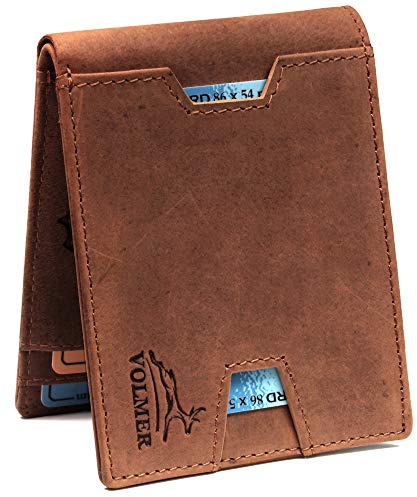 Fa.Volmer ® Schlanke Leder Geldbörse mit RFID-Schutz - Büffelleder im Antique-Look - kleines Münzfach, Schnellzugriff-Fach außen | VO25 (Braun)