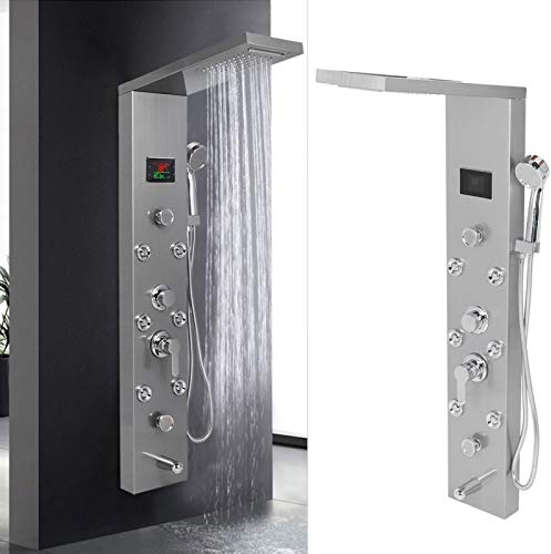 Colonna idromassaggio doccia a cascata in acciaio inox con soffione doccia a mano, pannello doccia a parete con indicatore di temperatura