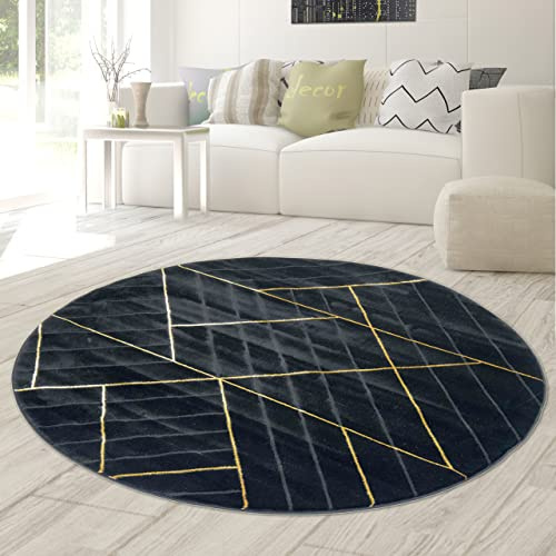 Teppich-Traum Kurzflor Teppich Geometrisch Schwarz Gold Ø 160 cm | Pflegeleicht, schmutzabweisend, strapazierfähig, allergikerfreundlich, maschinengewebt, OEKO-TEX geprüft, 12 mm Flor