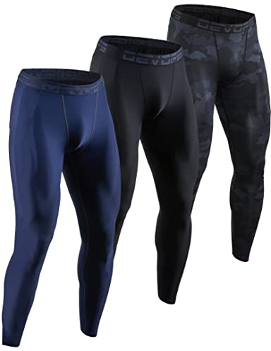 DEVOPS 3 Pack Men's Compression Pants Athletic Leggings (X-Large, Black/Navy/Black Camo)