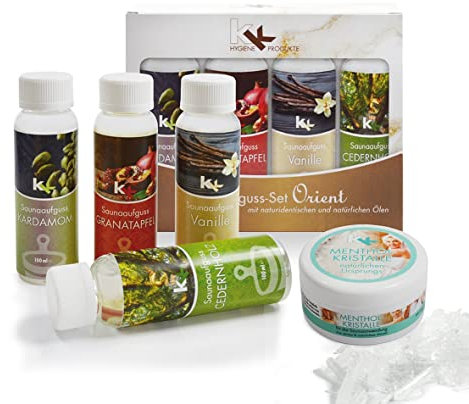 Sauna Set | KK Saunaaufgussset 4 x 100 ml + 50g Mentholkristalle | Saunakonzentrat + Menthol-Kristalle | Geschenkbox | Geschenkset (Orient, Set)