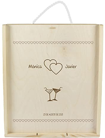 CALLE DEL REGALO Caja de madera para tres botellas de vino - madera personalizada diseño enamorados - Caja de madera grabada con nombres y fecha