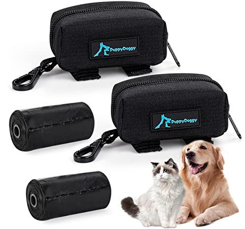PuppyDoggy 2 Pack Poop Bag Holder for Dogs and Cats Black Waste Bag Dispenser Poop Bag Pouch Dispenser with 2 Roll of Free Poop Bags for Leash Accessory Bicycle (Black, 2 Pack)