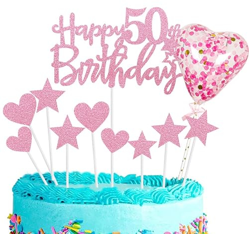 11pcs Pink Happy 50th Birthday Cake Toppers,Personalised Cake Topper for Man&Woman,50th Birthday Cake Decorations Glitter Cupcake Toppers Cake Toppers Kits 5 Star 4 Heart with Balloon