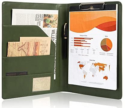 Calfinder Dünne Konferenzmappe, Klemmbrettmappe Veganes Leder, Schreibmappe A4 Aktenmappe mit Portfolio Clip, Business Portfolio mit a4 Schreibblock, Dokumentenmappe Organizer, Geschenk, Grün