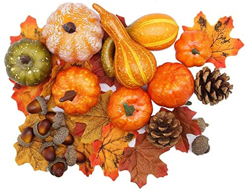 ATBEAMEN Autumn Decoration Artificial Pumpkins Set, Thanksgiving Halloween Pumpkins Decoration, Autumn Harvest Artificial Fruits Maple Leaves Fake Pumpkins Decor for Fall, Halloween Home Party Decor