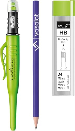 Pica Tieflochmarker Fine-Dry 0.9mm, Bleistift Bohrlochmarkierer 7070 + 24 Ersatz-Graphitminen HB 7030