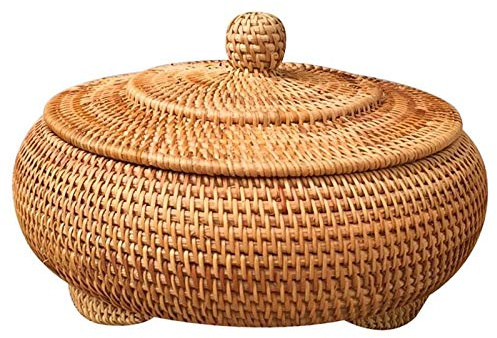 Juwaacoo Aufbewahrungskorb, handgewebt, Rattan, gewebt, mit Deckel, rund, Primärfarbe, Schmuck, Snacks, Tee-Set, Aufbewahrungsbox