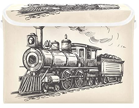 Quteprint Aufbewahrungsbehälter mit Deckel, Dampflokomotive, Vintage-Aufbewahrungsbox, Organizer, Spielzeug, Schlafzimmer, Kinderzimmer, 41,9 x 32 x 30 cm, groß, zusammenklappbar, für Zuhause, Büro,