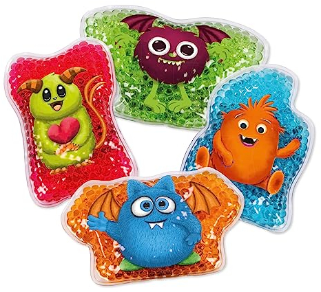 TollesfürKinder Kühlpads Kinder, 4 Kühlmonster für Jungen & Mädchen, Vielseitige Kalt Warm Kompressen bei Verletzungen, Fieber, Zahnschmerzen, Kopfschmerzen und Insektenstiche