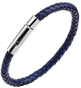 KunBead Jewelry Braided Mens Blue Leather Bracelets for Women with Stainless Steel Clasp Cuff Bangle Birthday Bracelet