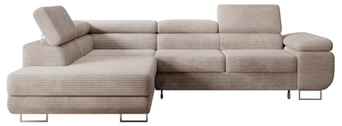 Selsey STEVIL - Ecksofa L-Sofa mit Schlaffunktion, Bettkasten, Ottomane links, Cordbezug Dunkelbeige