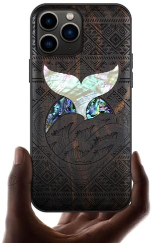 Carveit Etui pour iPhone 11 Pro de Coque [Bois et Incrustation de Coquille] Souple TPU de Téléphone Compatible avec Apple 11 Pro Étui (Bois Sombre-Walschwanz à den Wellen)