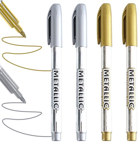 4 Stück Gold Silber Metallic Marker Stifte, 1.5mm Goldstift Silberstift für Kkarten Schreiben, Malerei & DIY Projekte, Wasserfeste und Schnell Trocknende Goldener Stift für Vielseitige Oberflächen