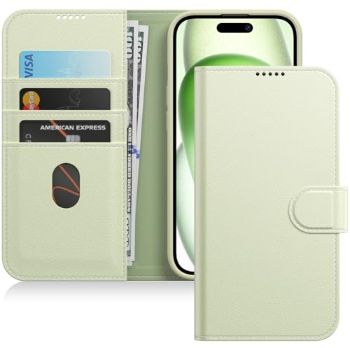 JETech Wallet Hülle für iPhone 15, Grün | Stoßfestes PU-Leder, Kartenhalter, Magnetischer Flip-Deckel, Ständerfunktion, Kameraschutz