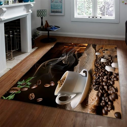 Rustic Hot Coffee Beans Area Rug Coffee Cup and Coffee Beans Rugs for Bedroom Cushion Home Decor Non Slip Machine Washable Carpet 120x240cm