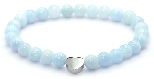 Echtes Aquamarin AAA Edelstein Armband mit 6mm Perlen und Edelstahlherz - verschiedene Längen - Heilstein Schutzstein Talisman Glücksbringer Geschenk (Aquamarin, 18CM)