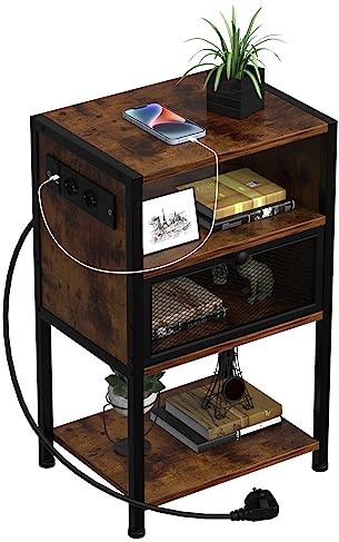 Tavolino con Stazione di Ricarica, Comodino, Tavolino con Multipresa, Tavolino Stretto con Porte USB, con Cassetti, Marrone Vintage, per Piccoli Spazi, Camera da Letto, Soggiorno 40x30x65 cm