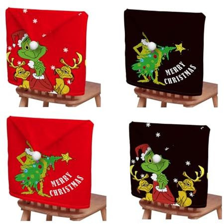 ENIXWH Weihnachten Stuhlhussen Grünhaariges Monster Grinch Abnehmbare Stretch Stuhlbezug Chair Cover Beschütze für Partys Bankett 4 Stück