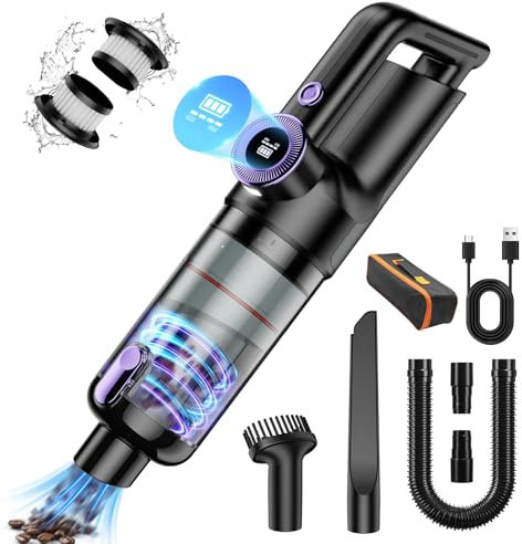 JoyFan Aspirateur à Main, 20000Pa Portable Aspirateur Voiture Puissant sans Fil, Mini Aspirateur à 2 Vitesses avec 2 filtres HEPA pour PC Maison Voiture Bureau Canapé Animaux (Violet)