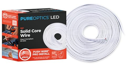 PureOptics LED Professional Push Wire 100' Jumper Wire Spool for Under Cabinet Lighting, Flat 5/6 or 8mm Cable, 4-Core CL2 Compliant, Non-Metallic, White