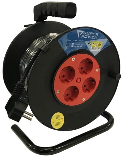 Enrollacables extensible 25m, 4 tomas, 3x1,5mm, 3600W, 16A, IP20 - Ideal para alimentar herramientas eléctricas en interiores.