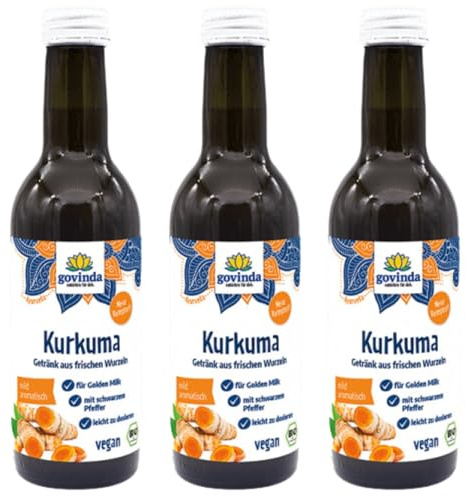 Govinda Bio Kurkumagetränk (3x250ml) | Aus frischen Kurkuma-Knollen | Mit schwarzem Pfeffer | Vegan | Für Golden Milk & Kurkuma Shots | Erfrischend & belebender Geschmack | Indischer Gelbwurz