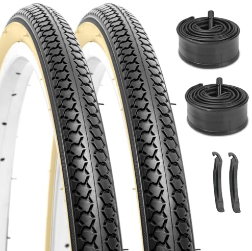 Hycline 26×1 3/8 Bike Tire Set, 2-Pack (37-590) – Skinwall – Folding Puncture-Resistant Bicycle Tires with Schrader Tubes & Tire Levers – Fits Vintage 26×1 3/8 City/Commuter Bikes