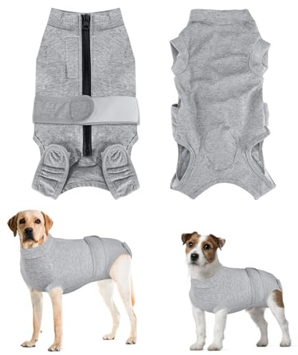 Eyein Hundebody Nach Op, Wundschutzanzüge für hündin Rüde mit Reißverschluss und Klettverschluss Gürtel - Anti-Lecken und Wundschutz, Atmungsaktiv Einteiler für Hunde Nach Op (Grau, M)
