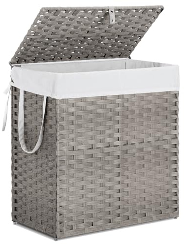 DUMOS Woven Laundry Basket with Lid, 110L Large Capacity Hamper, Removable & Machine-Washable Liner, Foldable Rattan Clothes Hamper, Sturdy Steel Frame, Odor Control, Dove Gray