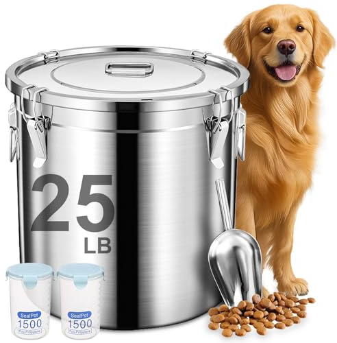 Newget Dog Food Storage Containers, Large Stainless Steel Pet Food Storage Containers 25 lb / 11.5 kg to Keep Fresh, Metal Airtight Cat Food Containers With Scoop and 2 Small Containers
