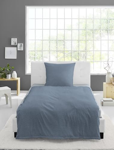 Bierbaum Bed Linen, 3000, Seersucker Uni, Designed in Germany, Blue 29, 135 x 200 + 80 x 80 cm